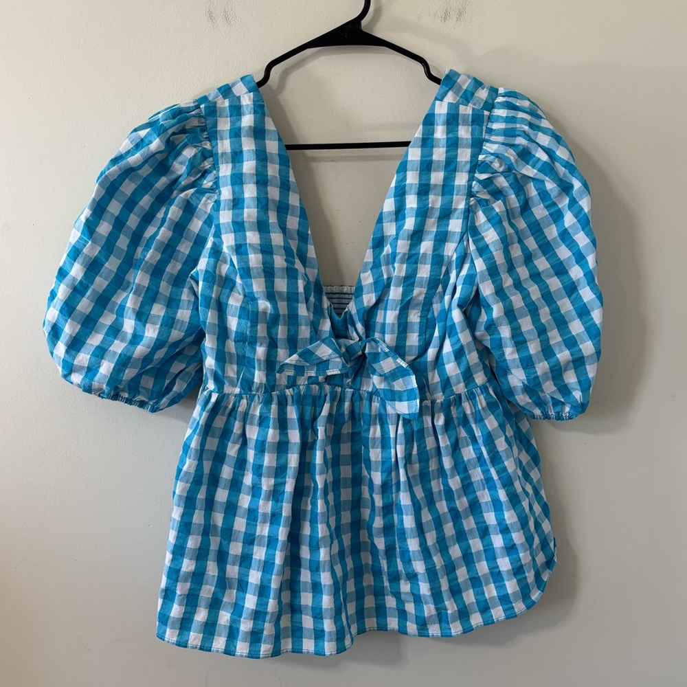 Lilly Pulitzer Sarafina Short Sleeve Turquoise Oasis Crinkle Gingham Size 14 NWT - Picture 2 of 8